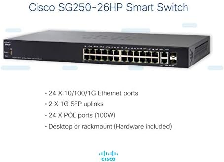 Cisco SG250-26HP מתג חכם | 26 יציאות Ethernet של ג'יגביט | 24 יציאות Gigabit Ethernet RJ45 | 2 יציאות משולבות של SFP Gigabit Ethernet | 100W POE | הגנה מוגבלת לכל החיים